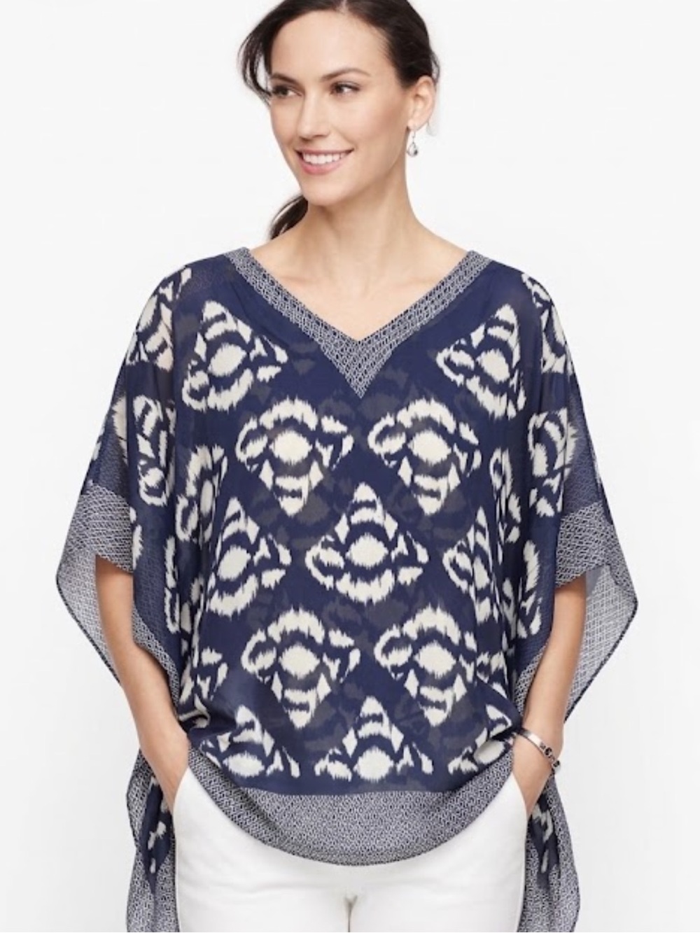 New Talbots 100% silk Navy and White Ikat V-Neck Dolman Tunic poncho